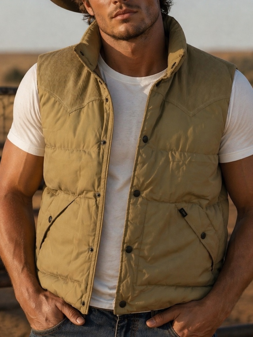 LEE RANCHER Khaki Reversible Quilted Puffer Vest XL Corduroy Trim Workwear